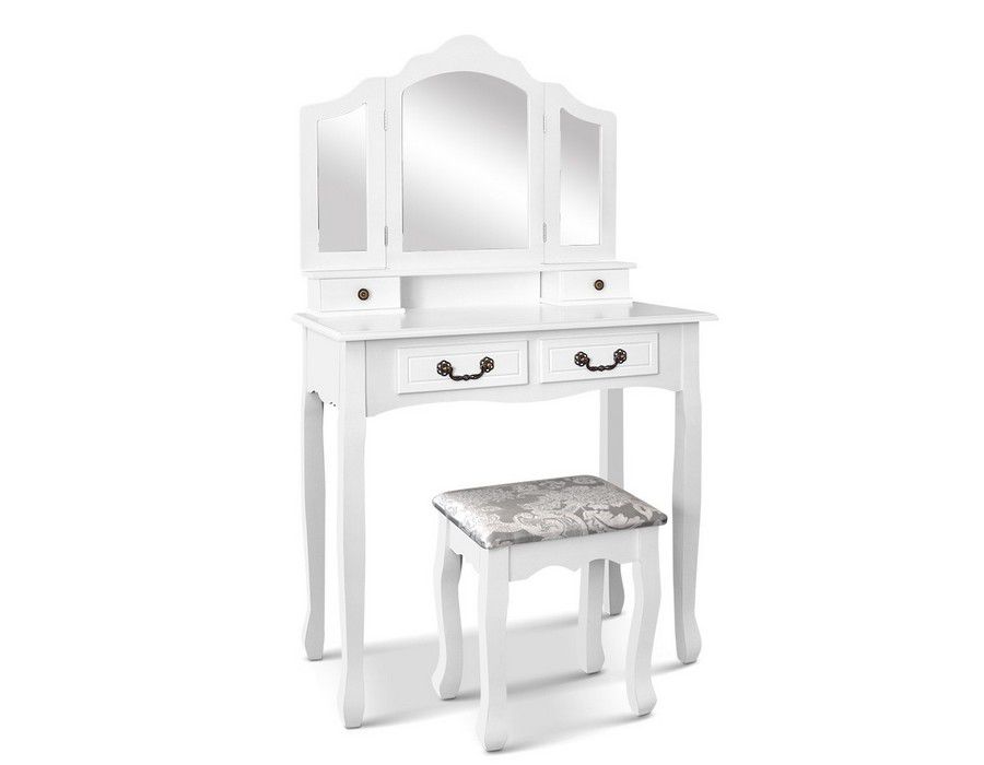 Buy Dressing Table Vanity Dresser 3 Mirrors White + Stool + Drawers