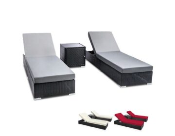Sun Lounger Poolside Lounge 3pc Black + Cushions + Cabinet