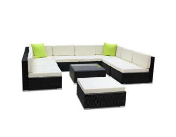 Outdoor Lounge Seating (10pc) Wicker Black + Table + Cushion