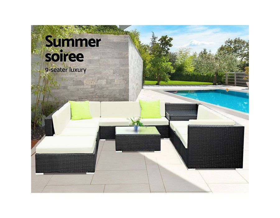 Outdoor Lounge Seating (11pc) Wicker Black + Table + Cushion - Image 2
