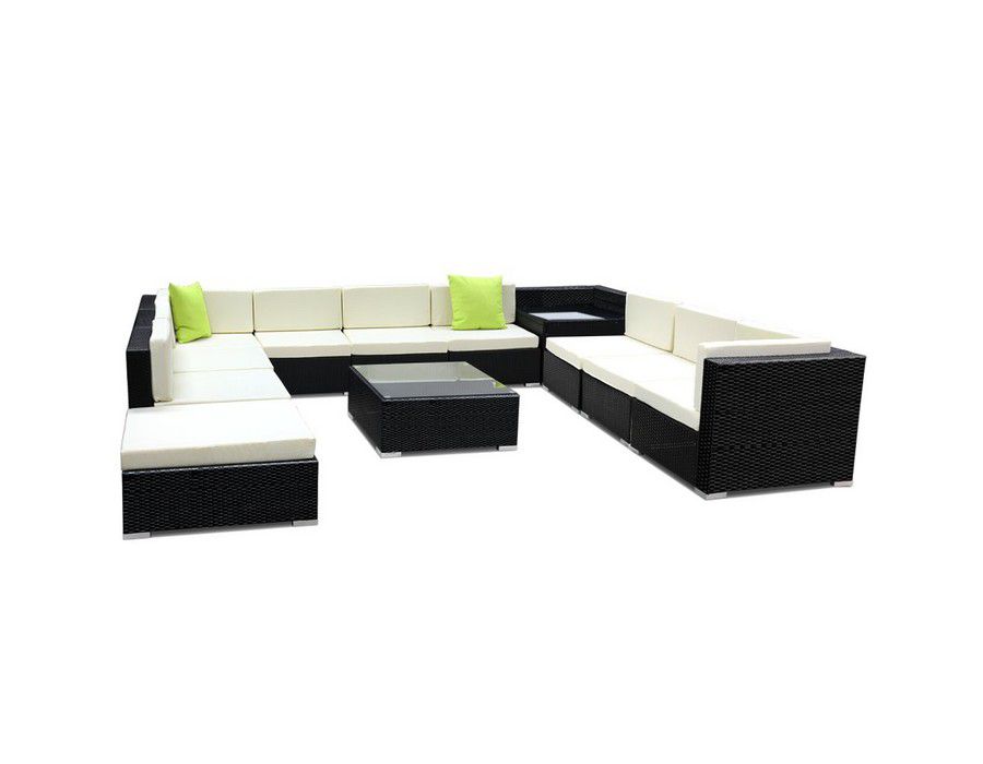 Outdoor Lounge Seating (12pc) Wicker Black + Table + Cushion