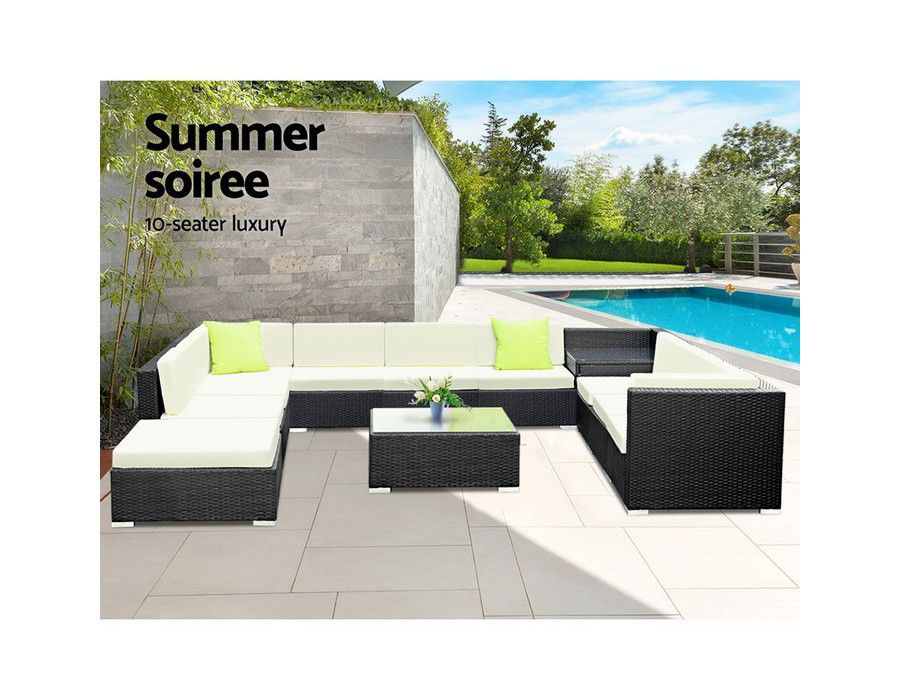 Outdoor Lounge Seating (12pc) Wicker Black + Table + Cushion - Image 2