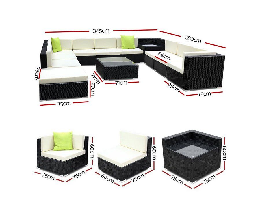 Outdoor Lounge Seating (12pc) Wicker Black + Table + Cushion - Image 3