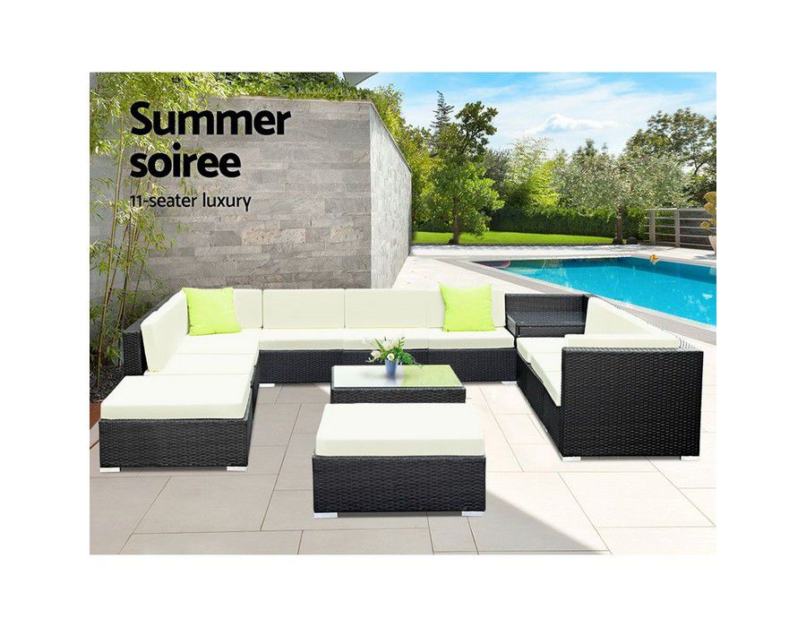 Outdoor Lounge Seating (13pc) Wicker Black + Table + Cushion - Image 2