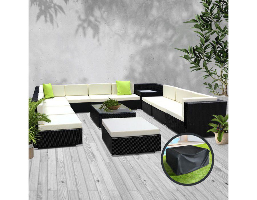 Outdoor Lounge Seating (13pc) Wicker Black + Table + Cushion - Image 5