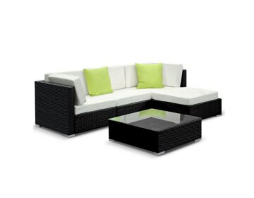 Outdoor Lounge Seating (5pc) Wicker Black + Table + Cushions