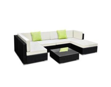 Outdoor Lounge Seating (7pc) Wicker Black + Table + Cushions