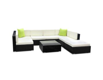 Outdoor Lounge Seating (8pc) Wicker Black + Table + Cushions