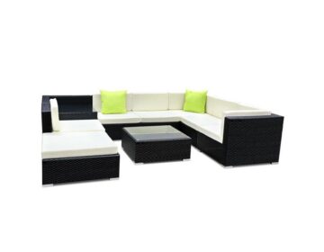 Outdoor Lounge Seating (9pc) Wicker Black + Table + Cushions