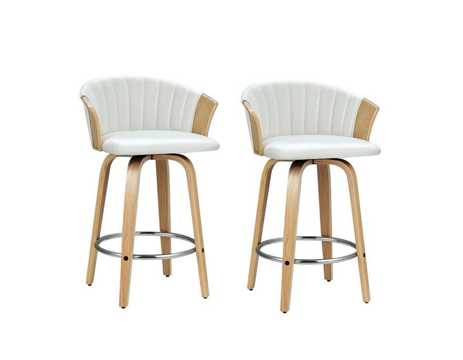 Buy Bar Stool Counter Seat (Set of 2) Swivel Wooden Faux Leather White